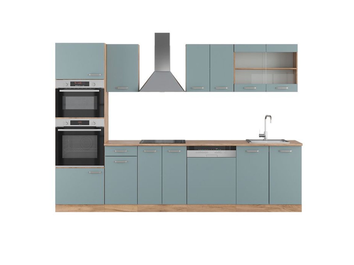 Cozinha R-Line, 300 cm com armário alto, sem bancada, carvalho azul-cinza/dourado, Vicco