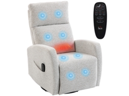 Poltrona Reclinável Com Massagem E Aquecimento, Revestida Em Chenille, Com Encosto Ajustável, Giro De 360° E Cor Creme.