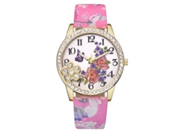 Relógio Feminino de Pulso com Cinto Pu Floral e Strass Quartz Vansvar (rosa)