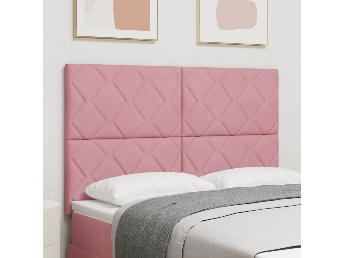 Cabecero de terciopelo rosa con diseño de bloques de diamantes - 140 cm