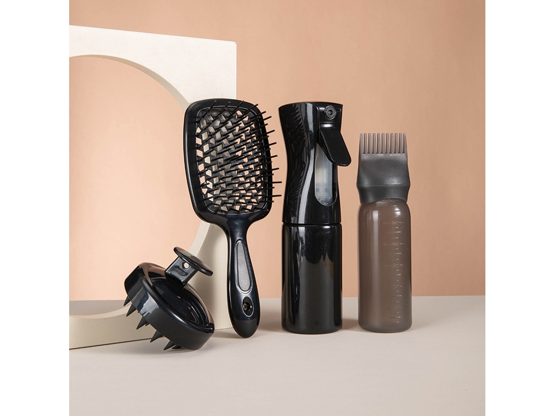 Kit De Beleza Capilar Preto Com Escova, Pulverizador, Pente E Massageador, Conjunto 4 Em 1 Para Cuidados Com O Cabelo, Compacto, Recarreg...