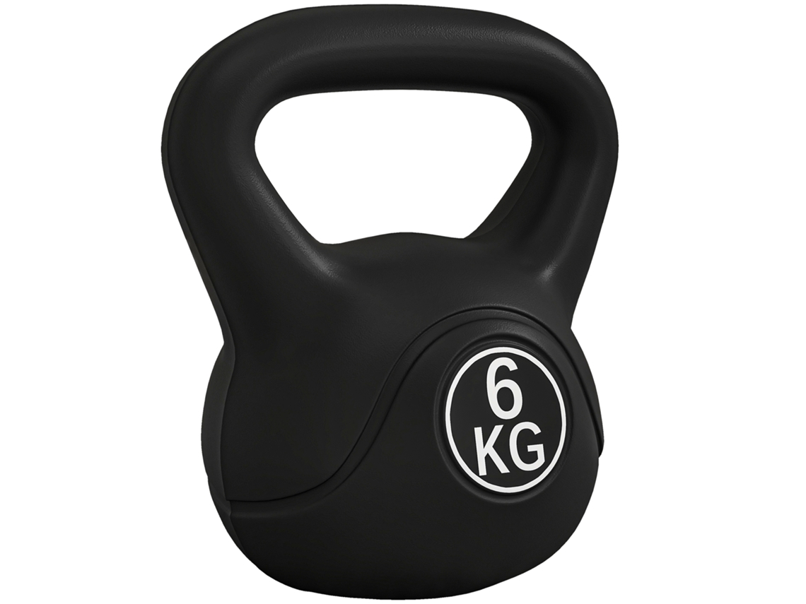 Kettlebell plano de plástico de 6 kg com base plana e alça. 20 x 13 x 22 cm. Preto Ge