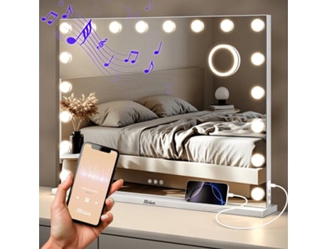 Espelho Hollywood Caixas De Som Bluetooth 80x60cm Branco Espelho De Maquiagem Com Luz Led Mirlux
