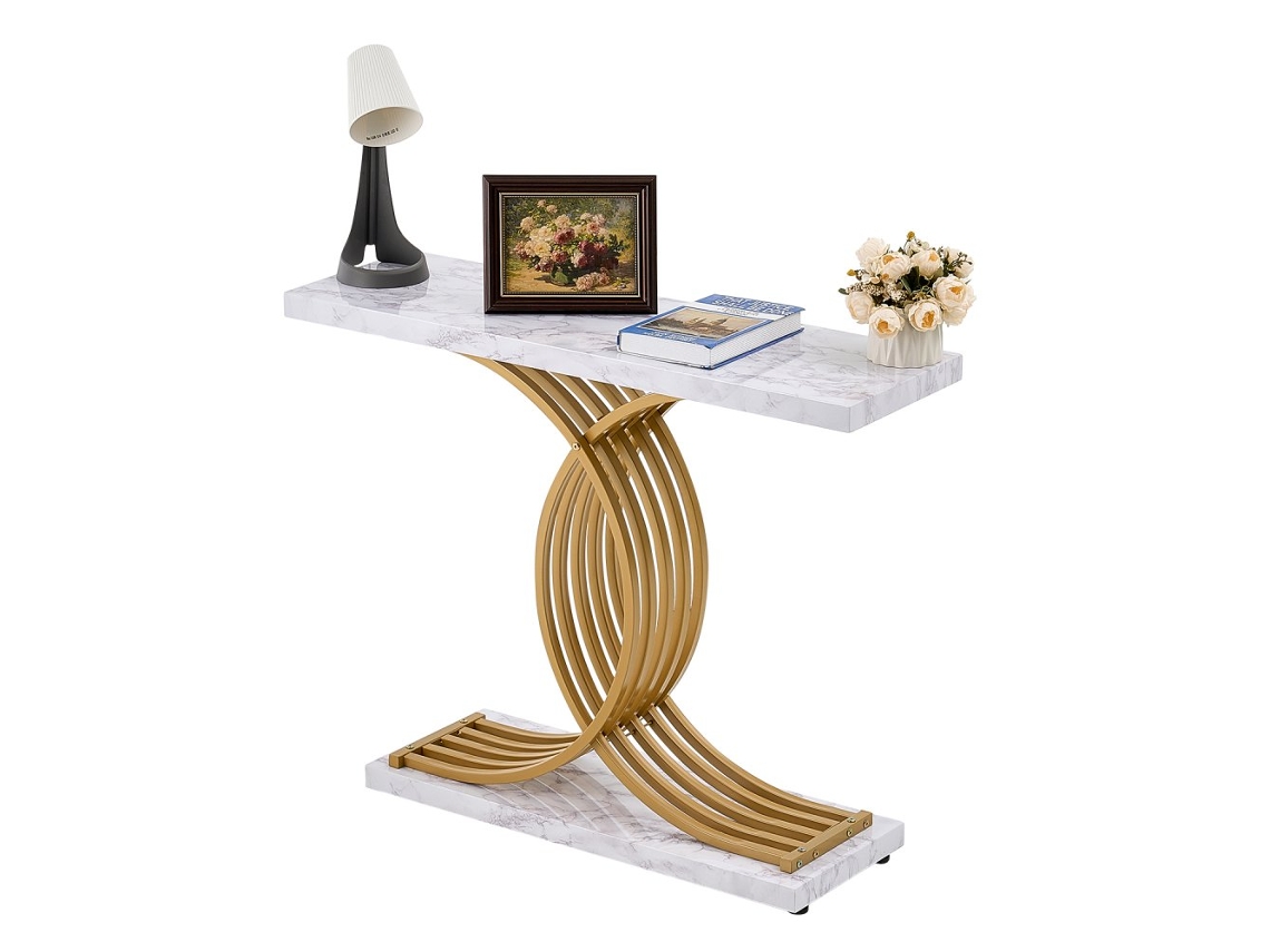 Mesa Consola Estreita Em Mdf Mármore Branco Com Estrutura Preta Tekmaquinas
