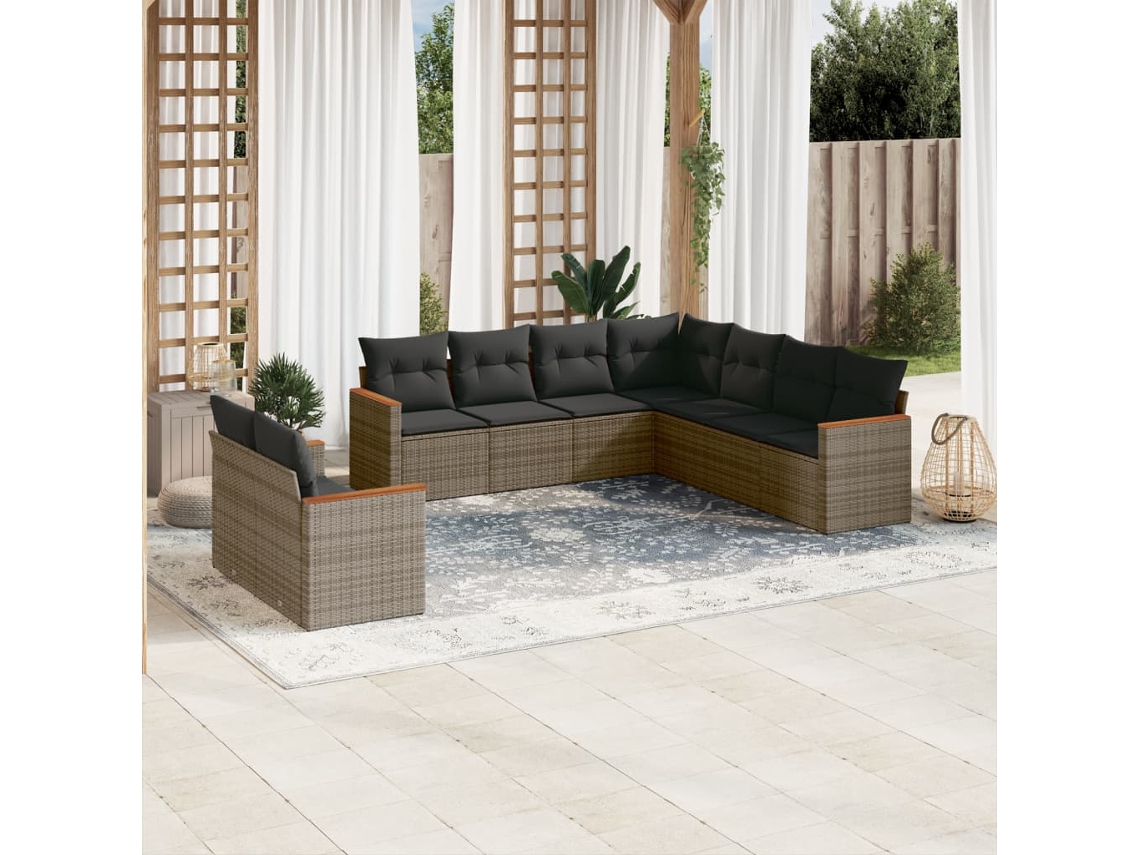 Vidaxl 9 Pcs Conjunto Sofás P/ Jardim Com Almofadões Vime Pe Cinzento