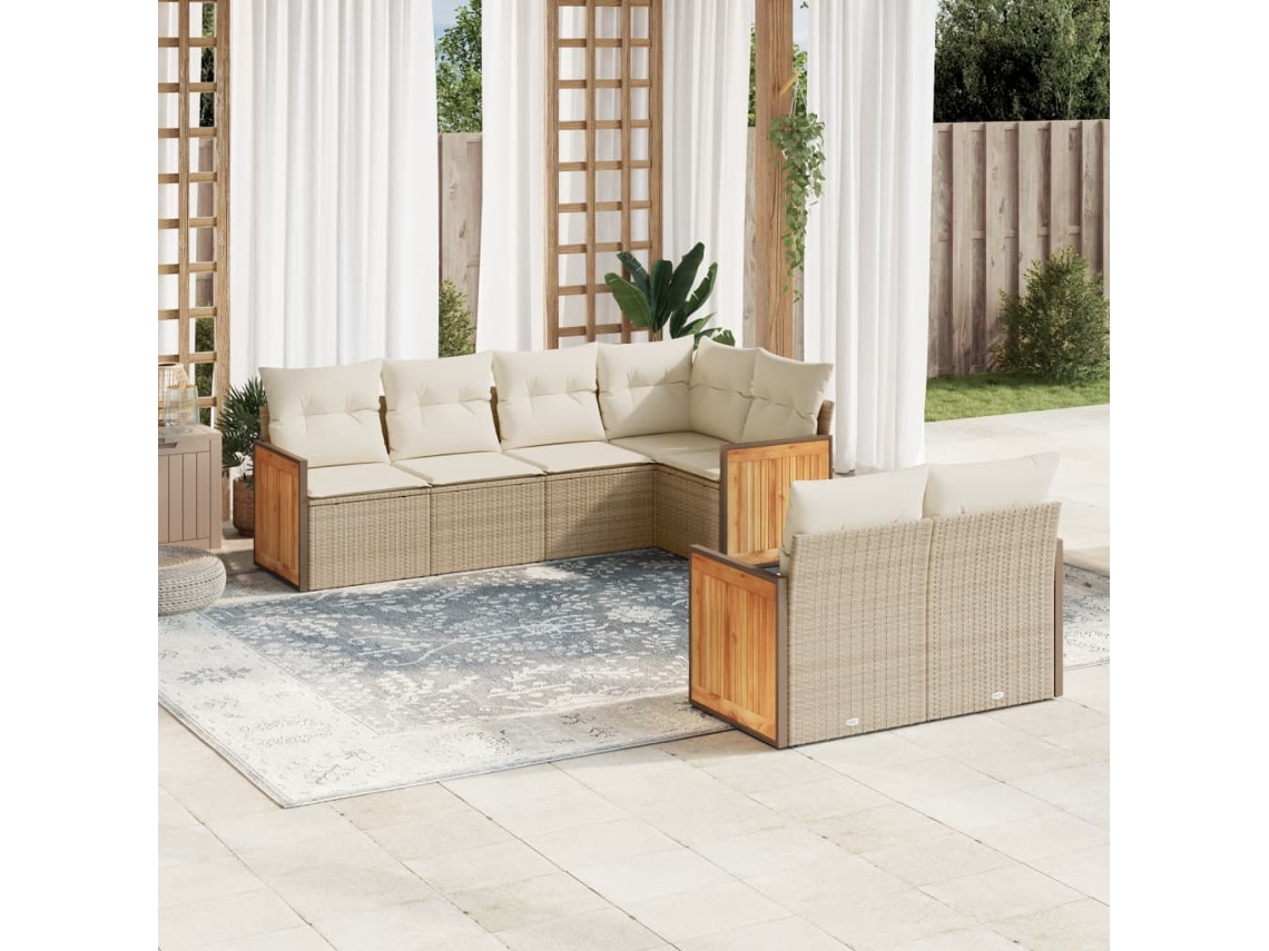 Vidaxl 7 Pcs Conjunto De Sofás P/ Jardim Com Almofadões Vime Pe Bege