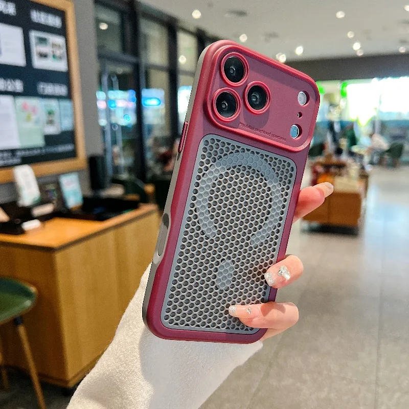 Capa Protetora Magsafe Para Iphone 16 Pro (vermelho Borgonha) Com Tela De Dissipação De Calor E Material Respirável.