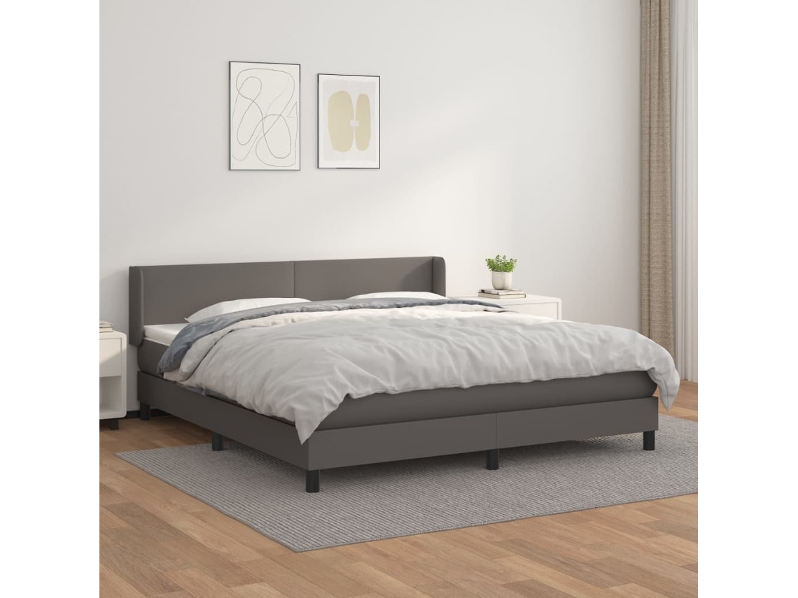 Vidaxl Cama Com Molas/colchão 160x200 Cm Couro Artificial Cinzento