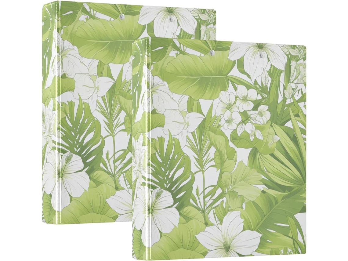 Pasta Escolar 3,8cm 1-1 2 Polegadas Com Camada de Saco, Verde Fluorescente, Com Florais Folhas Verdes Fluorescentes