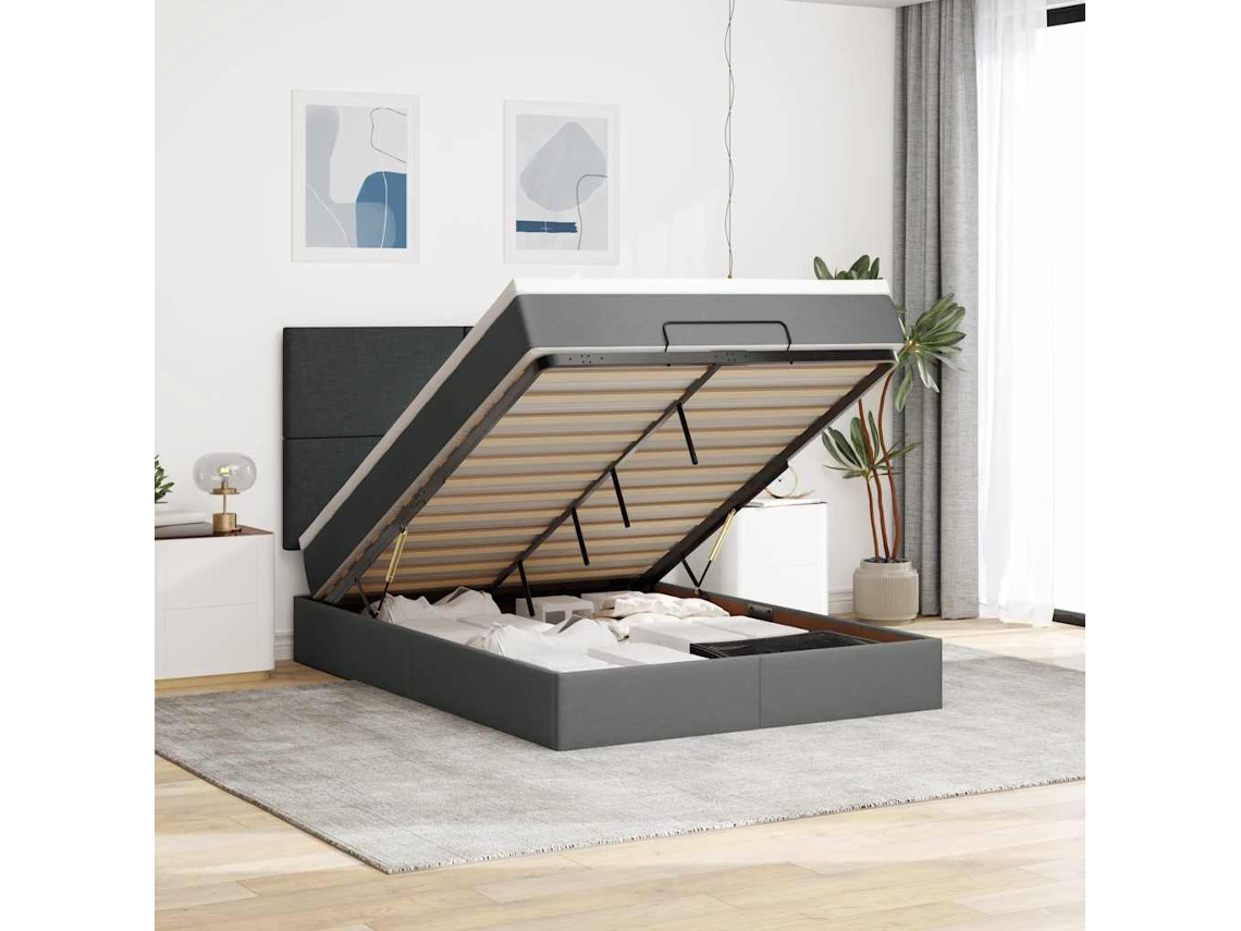 Estrutura Cama Otomana Colchão 140x200cm Tecido Cinzento Escuro