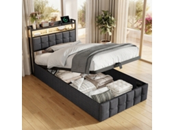 Cama Infantil De 90 X 200 Cm, Cama Hidráulica, Cabeceira Com Iluminação Led E Compartimentos De Arrumação, Em Linho, Cinzenta,simurq