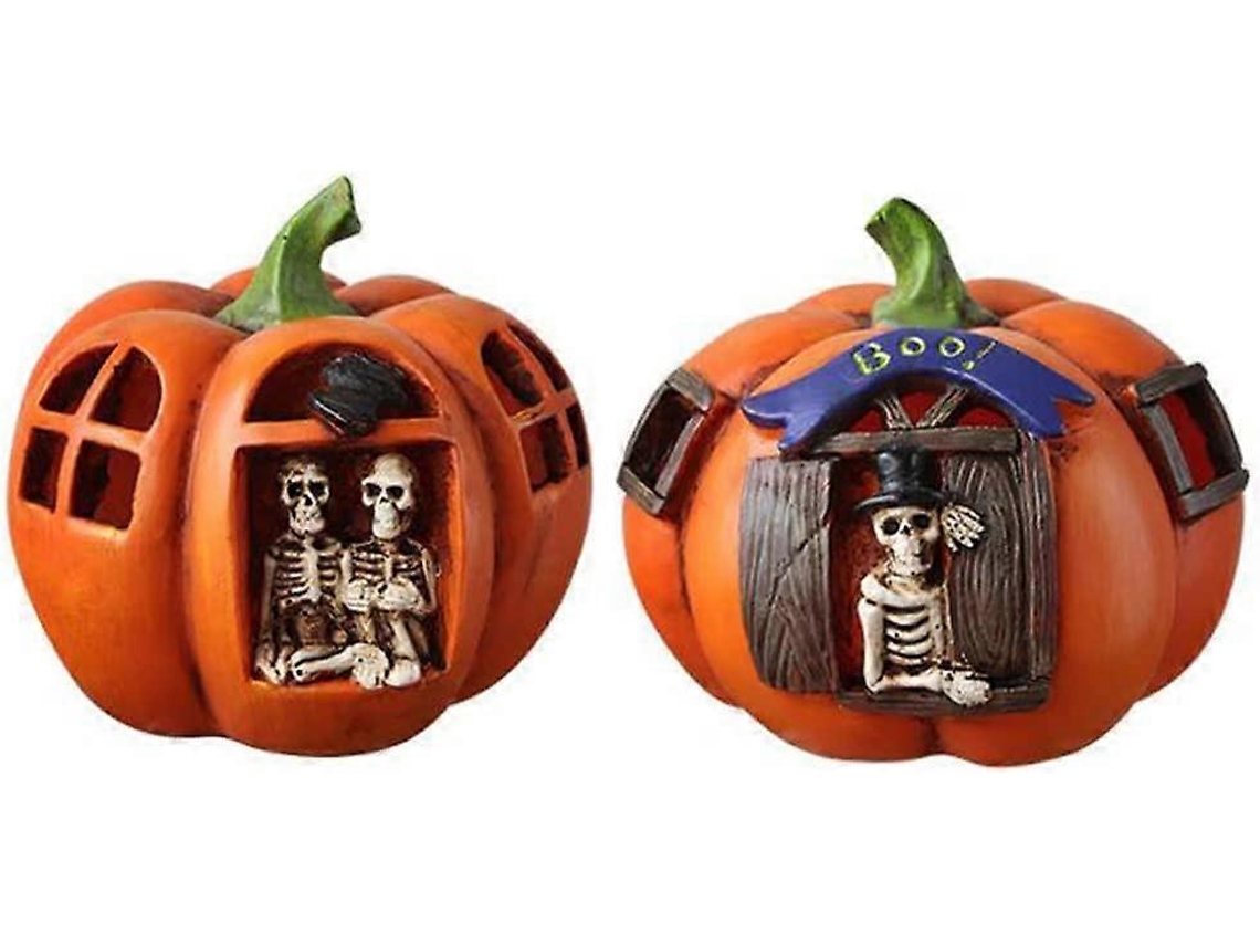 Rebeca Lampada de Abóbora de Halloween Led de Resina com Caveira Noturna Luz Decoração Jardim 2 Peças Esculturas