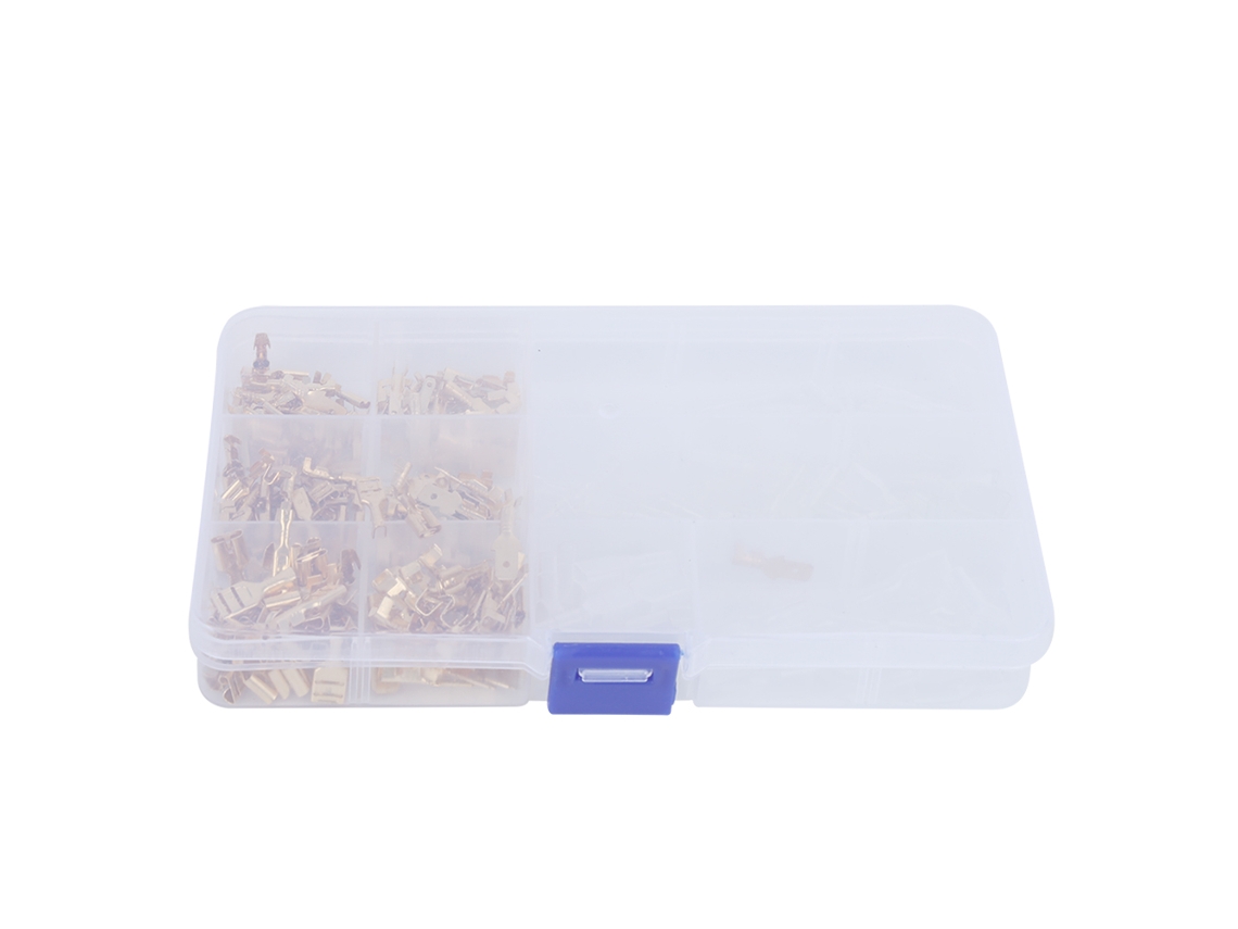Kit com 270 peças de terminais de cobre banhados a ouro, macho e fêmea, com manga isolante e caixa de armazenamento.