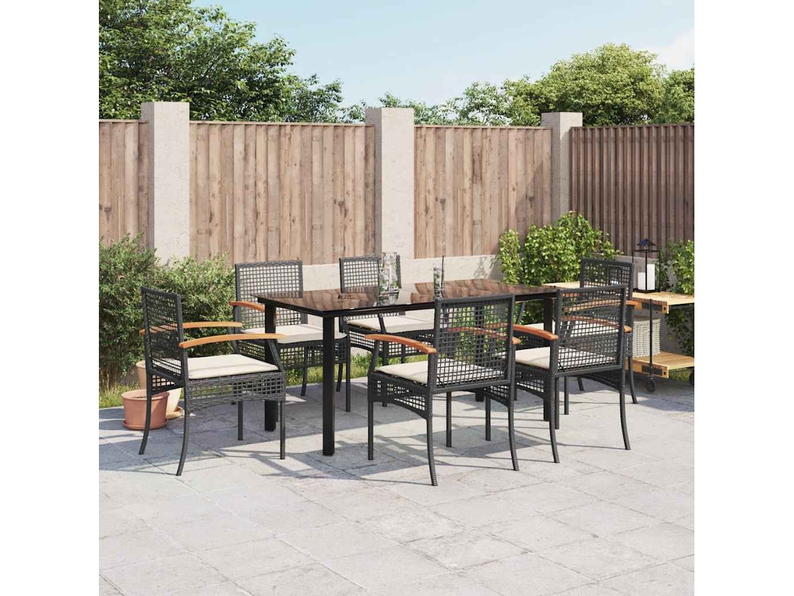 Vidaxl 7 Pcs Conjunto De Jantar P/ Jardim C/ Almofadões Vime Pe Preto