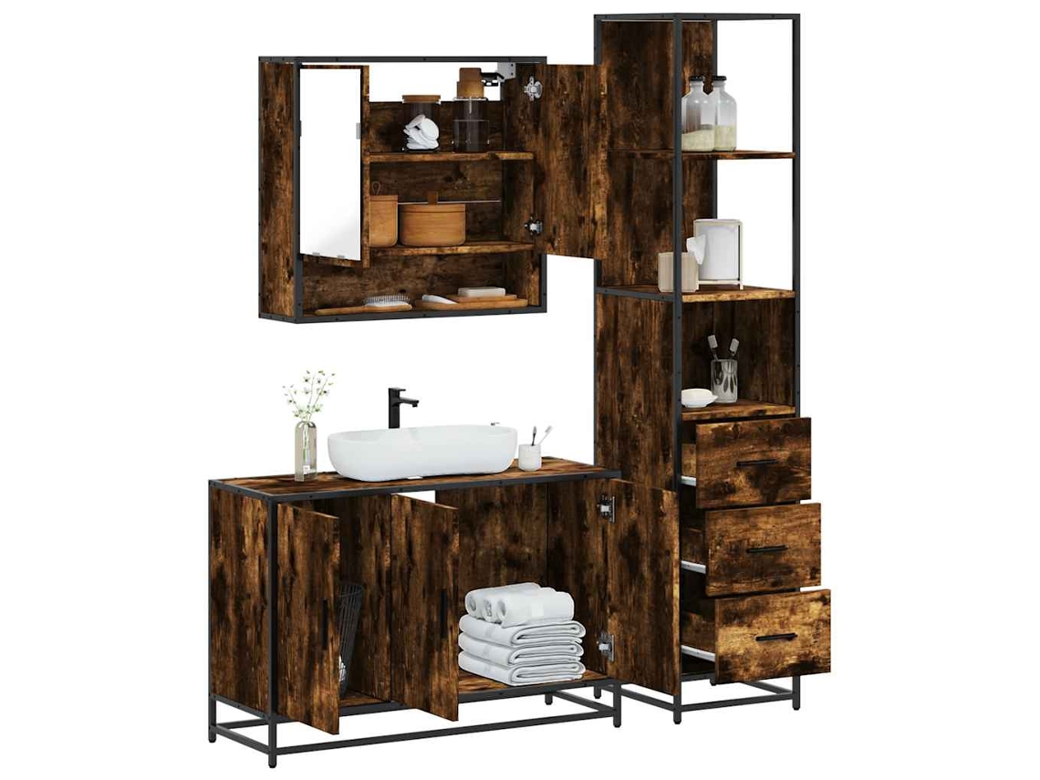 Vidaxl 3 Pcs Conjunto De Móveis Wc Madeira Processada Carvalho Fumado