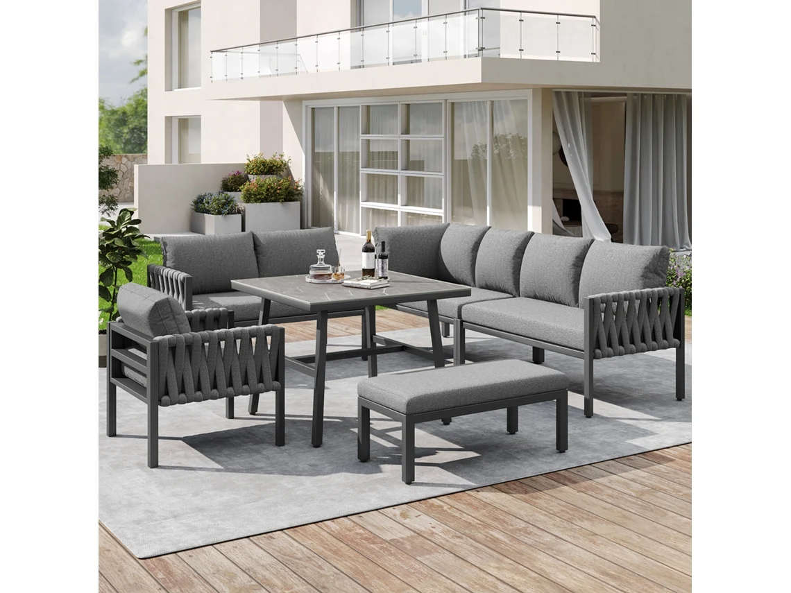 Conjunto Móveis Jardim Corda Ferro Sofá Canto Mesa Vidro Cinza VELTRIX
