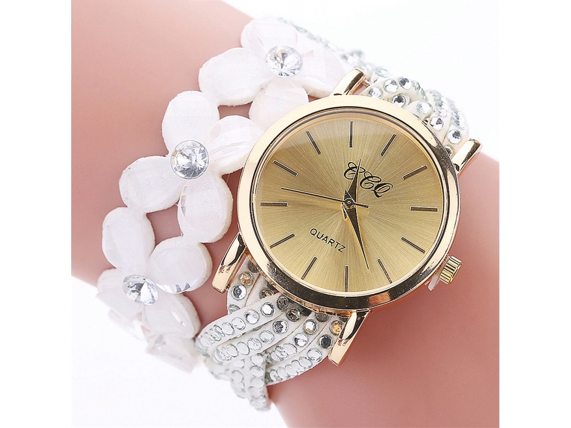 Relógio de Quartzo Feminino Elegante Pulseira Flor Pedras Brilhantes Ccq Branco