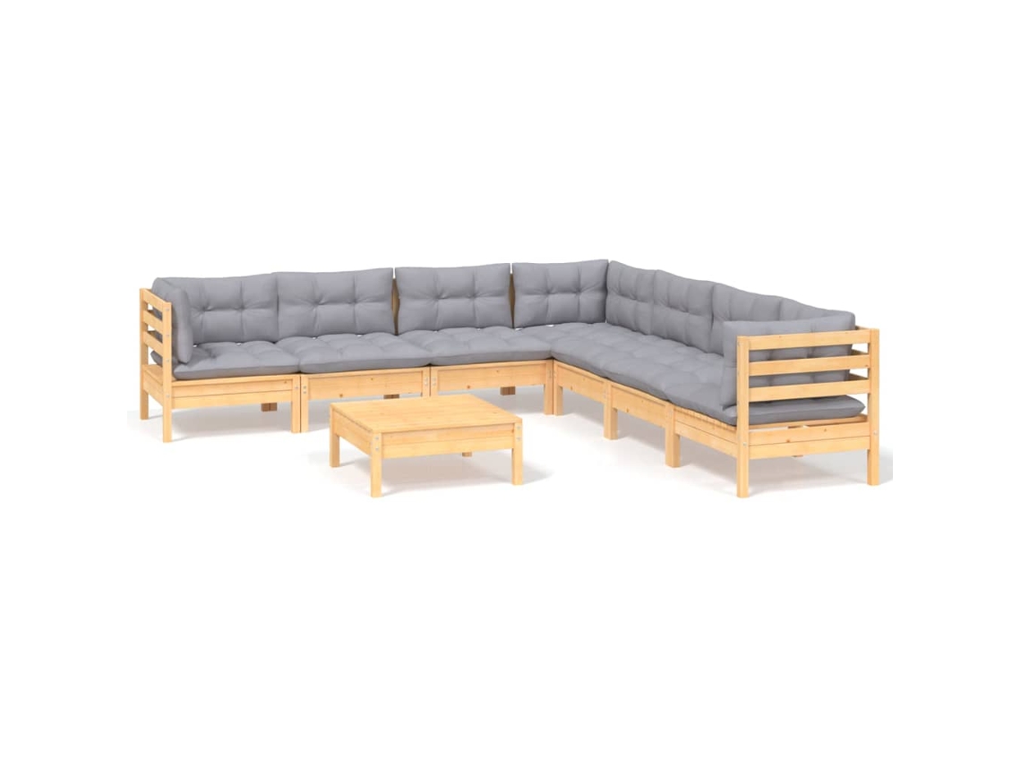 Conjunto de 8 Garden Lounge com Almofadões Cinza Pinho Maciço MAISON EXCLUSIVE