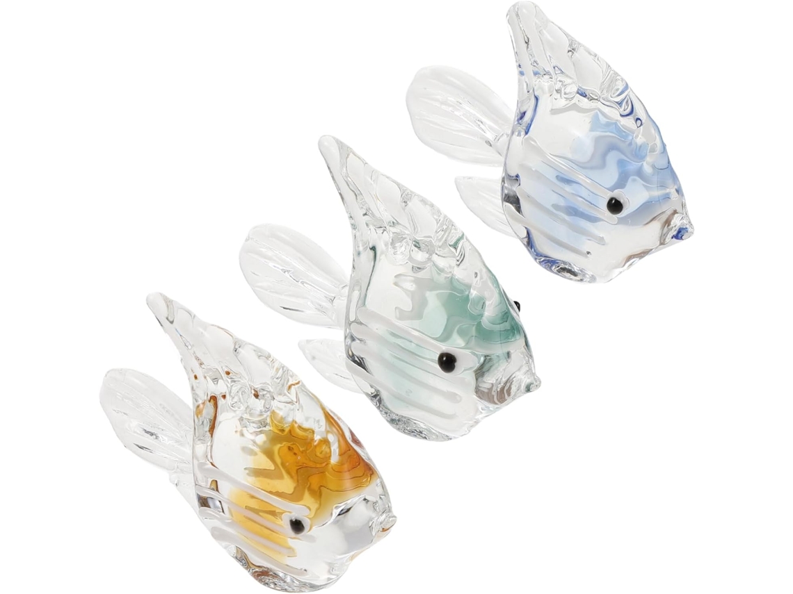 Conjunto 3 Estatuetas Peixes Vidro Transparente Colorido Decoração Esculturas Miniatura Animais Marinhos GOKOCO