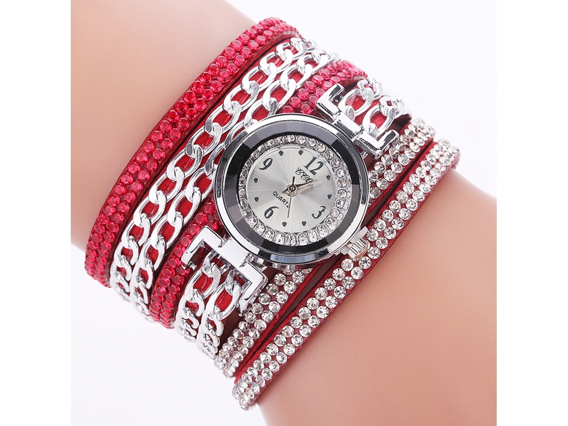 Relógio Feminino de Pulso Veludo com Pulseira Multicamadas de Pedras Preciosas Quartzo (vermelho)