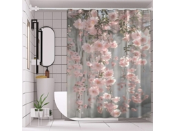 Cortina De Chuveiro Rosa Com Estampa De Flor De Cerejeira – Poliéster, Sem Necessidade De Furar, Lavável À Máquina, Ganchos Inclusos, 180 X 180 Cm