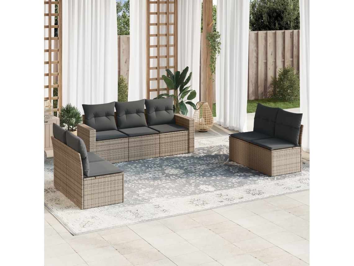 Vidaxl 7 Pcs Conjunto Sofás P/ Jardim C/ Almofadões Vime Pe Cinzento