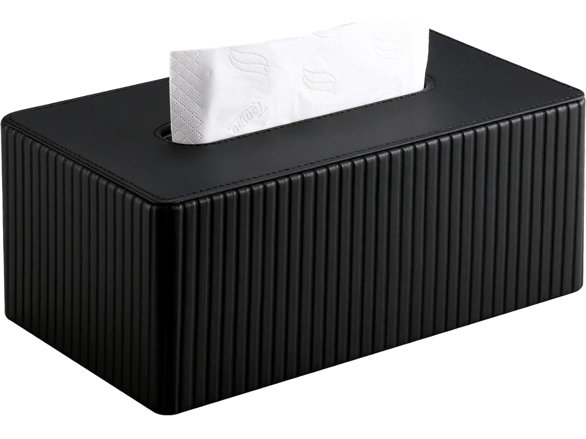 Porta-guardanapos listrado em couro sintético, preto