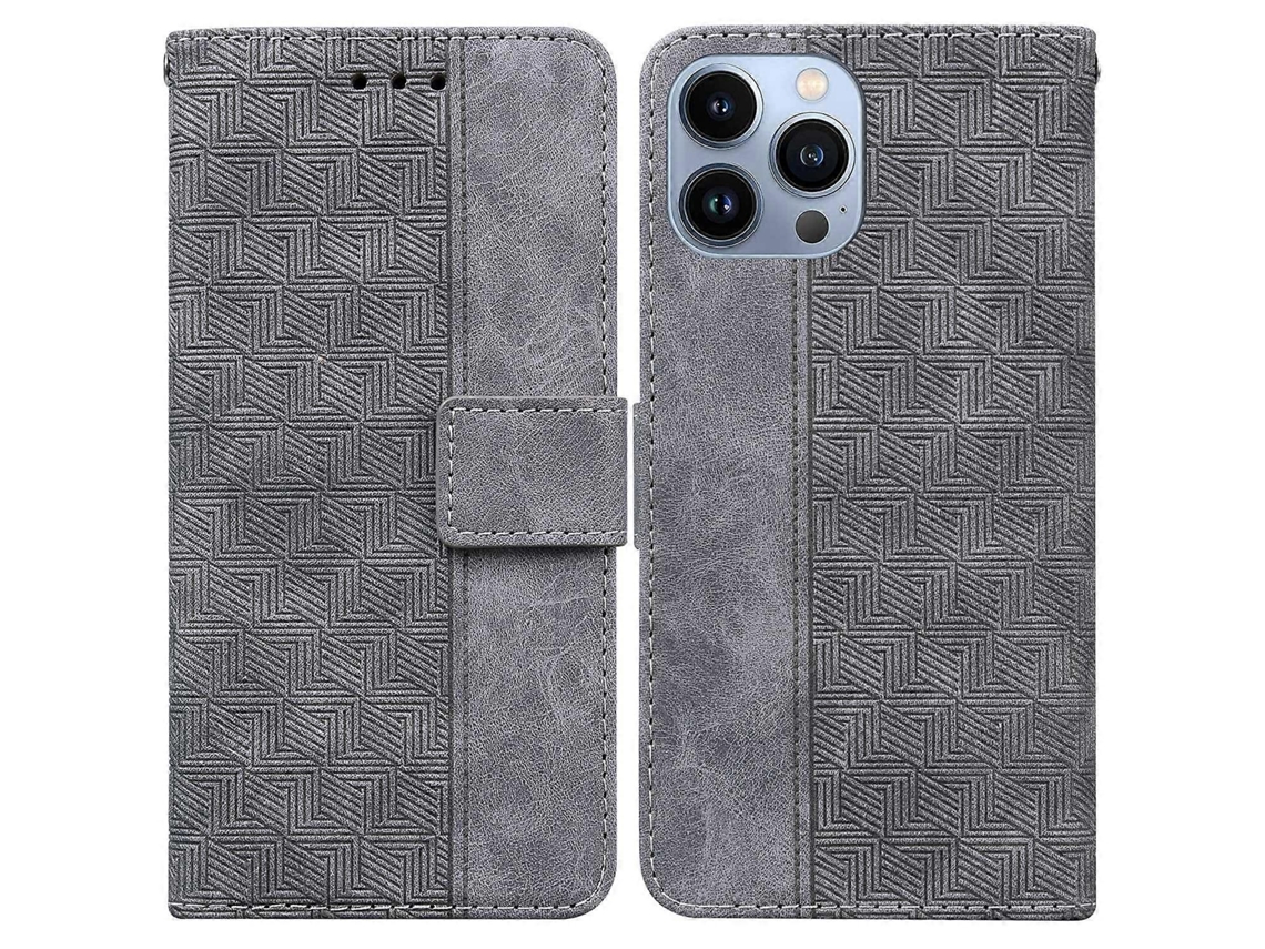 Capa De Couro Com Relevo Geométrico Para Iphone 13 Pro, Cinza