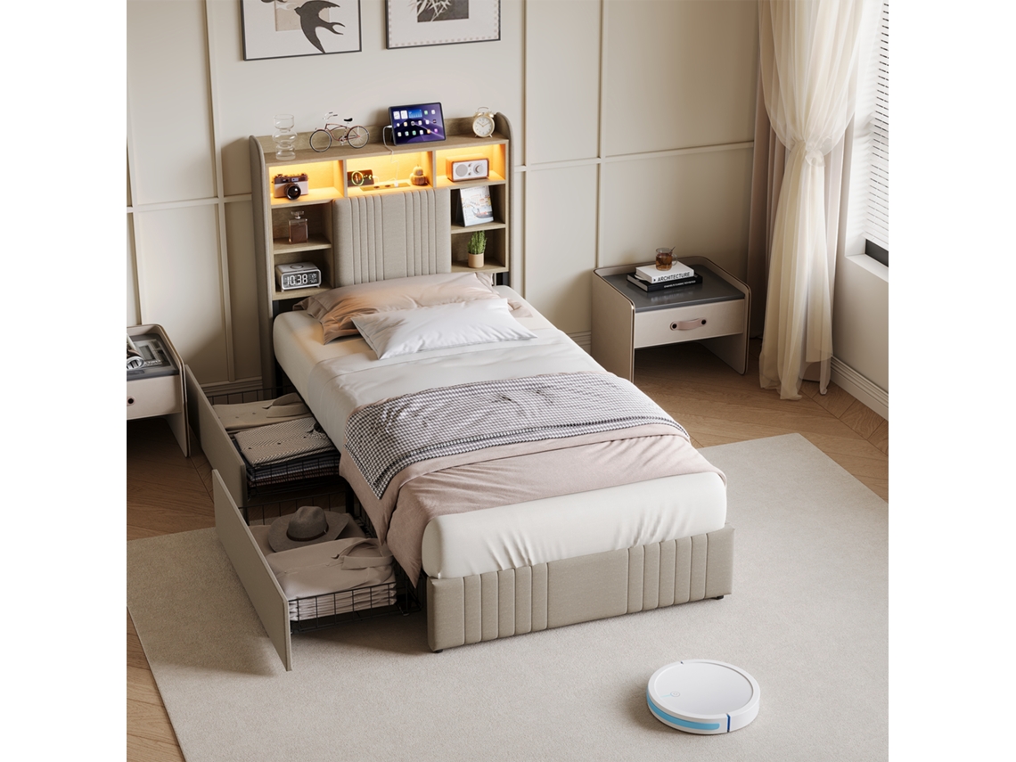 Cama De Solteiro Infantil 90x200cm, Com Led, Usb E 2 Gavetas, Cabeceira Com Espaço De Arrumação, Linho, Bege, Sem Colchão
