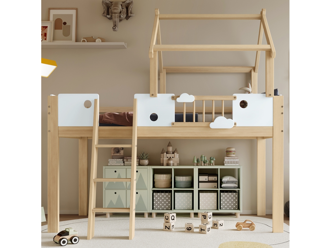 Beliche infantil com proteção contra quedas e grau de proteção, com degrau inclinado de três graus, estrutura em pinho, pinho + MDF + compensado.