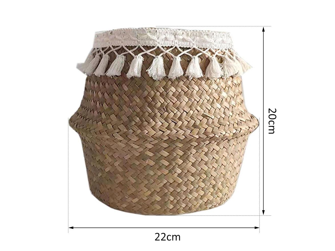 Cesta de Palha Tecida Natural Dobrável para Armazenamento e Plantas