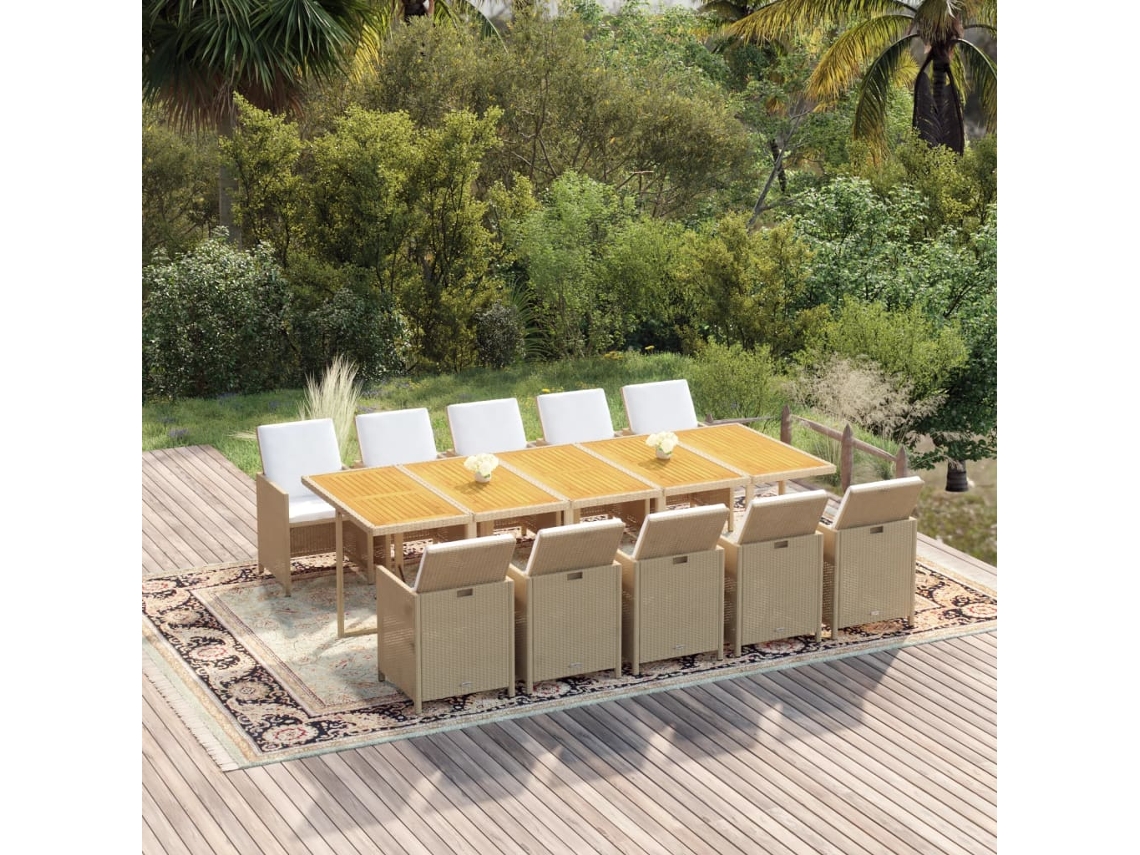 Vidaxl 11 Pcs Conjunto Jantar P/ Jardim C/ Almofadões Vime Pe Bege