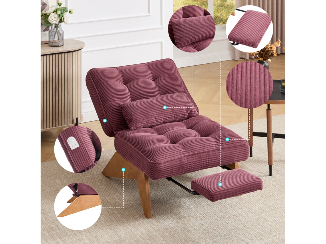 Espreguiçadeira Moderna Tecido, Apoio Pés, Almofada Lombar, Pernas Madeira, Para Sala/quarto-ty