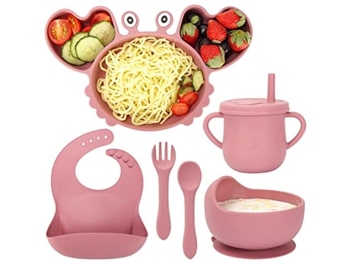 Conjunto para Alimentação de Bebê, Conjunto Silicone 6 Peças com Ventosa, Prato em Formato Caranguejo Compartimento, Babadores Aj AQUAFORGE