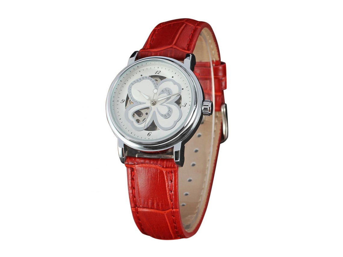Relógio Feminino Casual de Pulso com Pulseira Pu Mecânico Automático Branco Vermelho