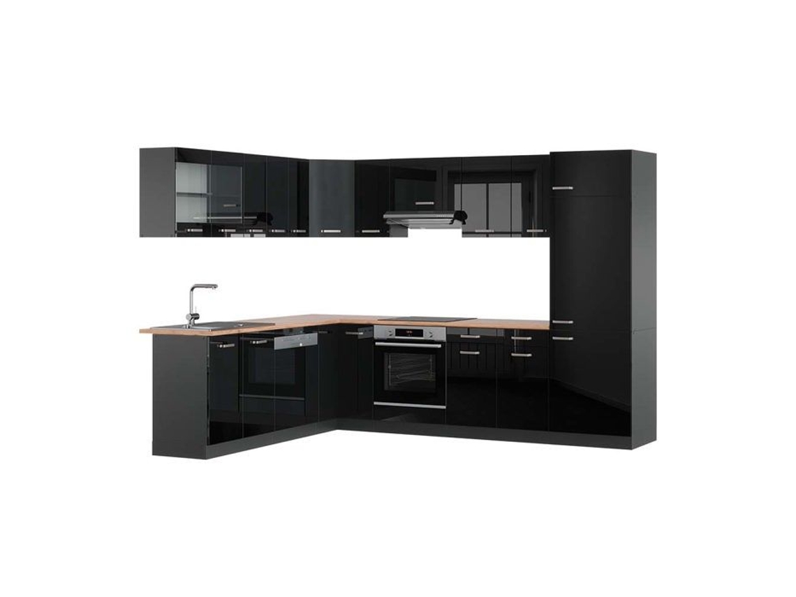 Cozinha de canto R-Line, 227 x 287 cm, PT Carvalho, Preto brilhante/Antracite, Vicco