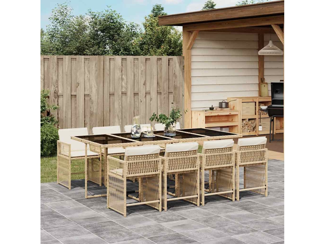 Vidaxl 9 Pcs Conjunto De Jantar P/ Jardim Com Almofadões Vime Pe Bege