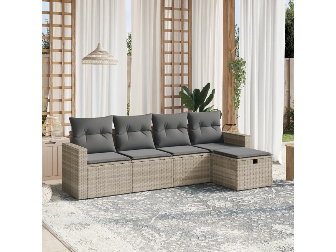 Vidaxl 5 Pcs Conj. Sofás Jardim C/ Almofadões Vime Pe Cinzento-claro