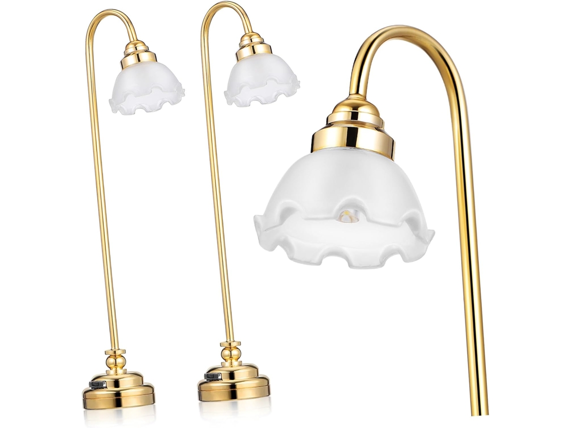 Luminária de Mesa em Miniatura para Casa de Bonecas, 2 Peças, com Design Floral Dourado, Iluminação Sem Fio, Decoração. SFUSHOS