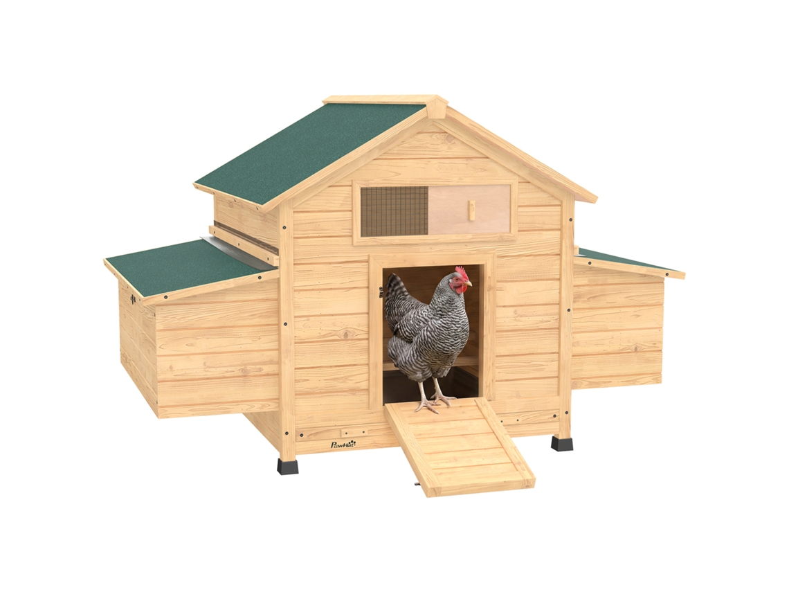 Galinheiro de Madeira Externo com 2 Ninhos, Cabides Removíveis para Bandeja, Telhado Impermeável 150x100x96,5 Cm Amarelo pt