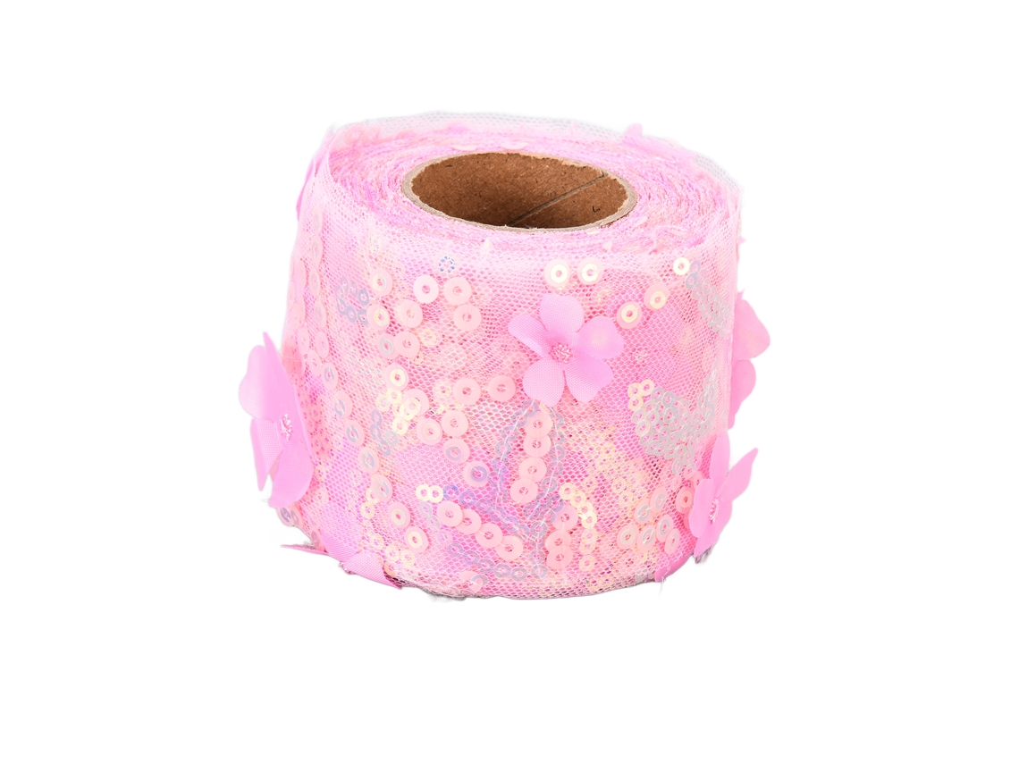 Rollo De Tul De 10 Jardas Com Flores Bordadas E Lentejuelas Para Artesanato Cor Rosa Escuro