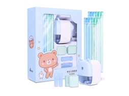 Conjunto Papelaria Estudantil Cute Azul Lápis Afiador Borrador