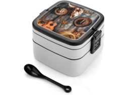 Lancheira Bento Com Estampa De Caveira, Vaca, Guitarra E Cacto, Com 2 Compartimentos E Colheres, Ideal Para Preparar