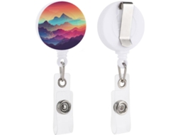 Clipe retrátil Crachá, com estampa de montanha fofa em tons pastel e degradê, ideal para enfermeiras e médicos.