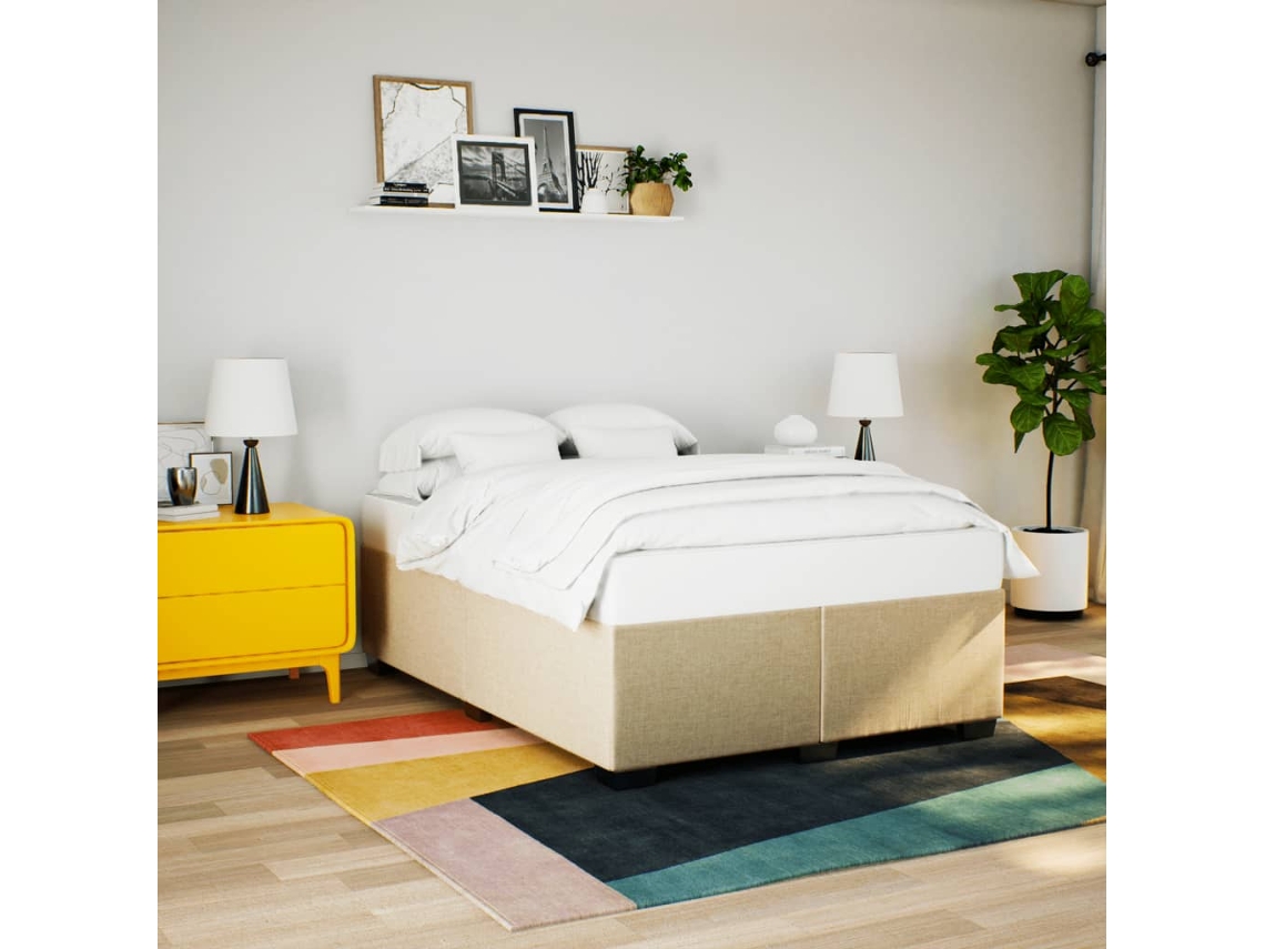 Estrutura De Cama Sem Colchão 140x190 Cm Tecido Cor Creme