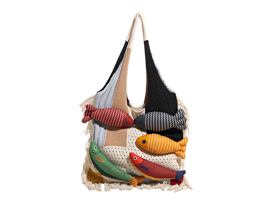 Saco Tote - Mala De Ombro - Mala Feminina - Decoração De Peixe - Estilo Casual - Malha Patchwork Com Borlas - Grande Capacidade - Branco