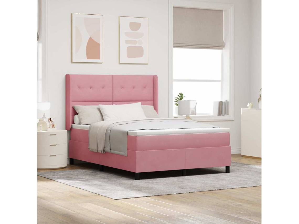 Vidaxl Cama Box Com Fitas Led Com Cabeceira Rosa 140 X 200 Cm Veludo