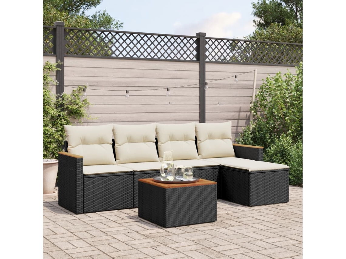 Vidaxl 6 Pcs Conjunto Sofás De Jardim C/ Almofadões Vime Pe Preto