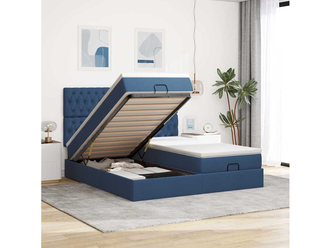 Estrutura De Cama Otomana Com Colchões 200x200cm Tecido Azul