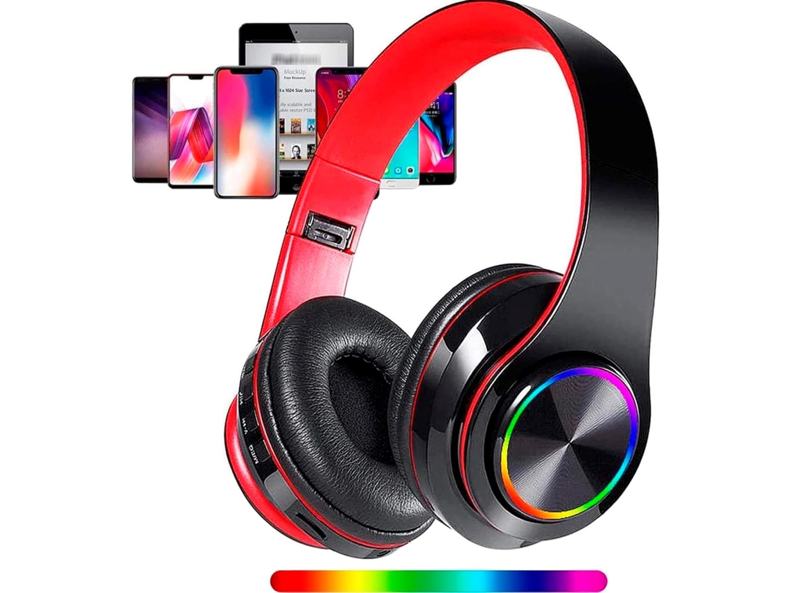 Fones De Ouvido Bluetooth Sem Fio Com Luzes Led Coloridas, Preto E Vermelho